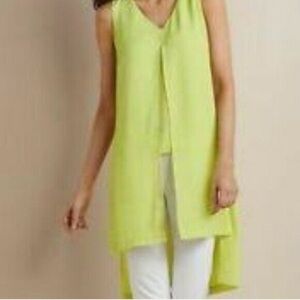 Soft Surroundings Amadora Tunic XL Yellow Lagenlook Split Front Hi Low Sheer Top